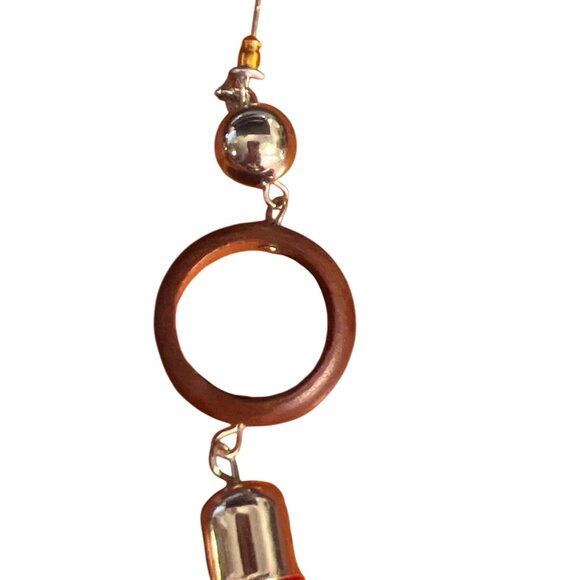 Long Red Tassel Earrings Wood Circles Pierced Silver Tone 6" Boho Statement 6" - Picture 3 of 4